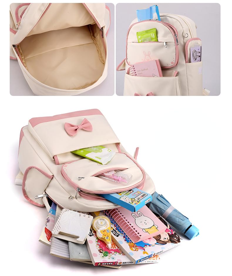 ZHSteveG Pink Backpack Bow With Pendant Cute Large Capacity Kawaii Aesthetic Backpack Cute Mochilas Daypacks (Pink white)