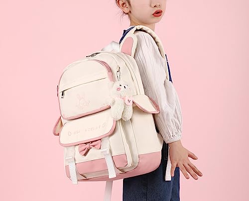 ZHSteveG Pink Backpack Bow With Pendant Cute Large Capacity Kawaii Aesthetic Backpack Cute Mochilas Daypacks (Pink white)