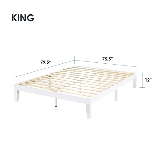 Mellow Naturalista Classic 12 Inch Solid Wood Platform Bed with Wooden Slats, King, White