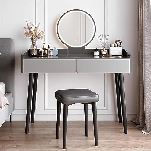 AOKLEY Makeup Vanity Desk, Make Up Table with Mirror and Chair, with Led Lights Mirror Vanity Makeup Table Set with Adjustable Brightness Mirror 2 Drawer Organiser Bedroom Furniture