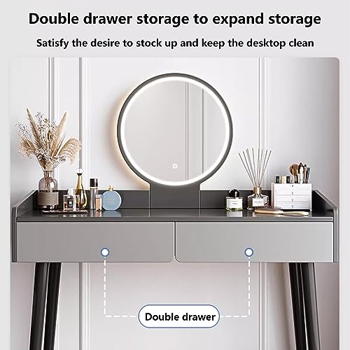 AOKLEY Makeup Vanity Desk, Make Up Table with Mirror and Chair, with Led Lights Mirror Vanity Makeup Table Set with Adjustable Brightness Mirror 2 Drawer Organiser Bedroom Furniture