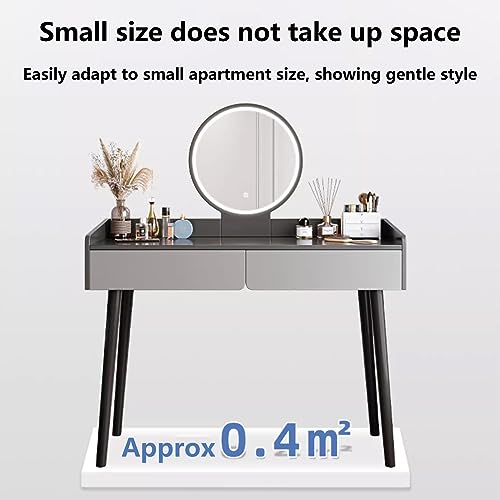 AOKLEY Makeup Vanity Desk, Make Up Table with Mirror and Chair, with Led Lights Mirror Vanity Makeup Table Set with Adjustable Brightness Mirror 2 Drawer Organiser Bedroom Furniture