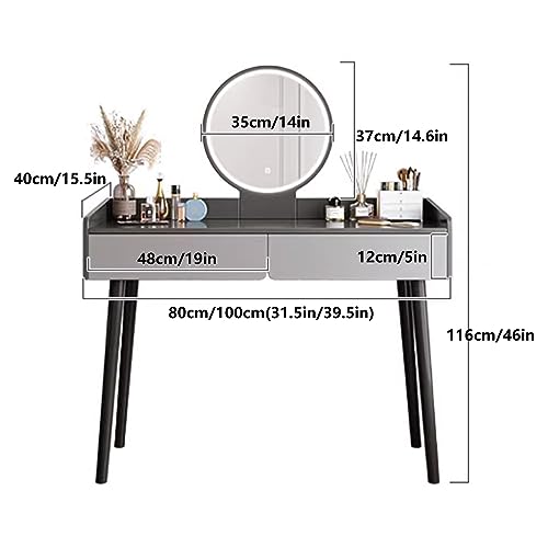 AOKLEY Makeup Vanity Desk, Make Up Table with Mirror and Chair, with Led Lights Mirror Vanity Makeup Table Set with Adjustable Brightness Mirror 2 Drawer Organiser Bedroom Furniture