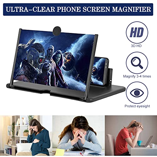 12 in Screen Magnifier for Smartphone 3D HD Mobile Phone Screen Magnifier Video Expandable HD Screen Foldable for Watching Movies Videos, Playing Games, for All Smartphones (Black)