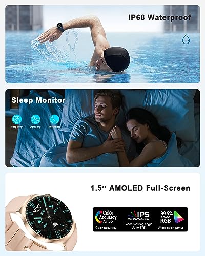 FILIEKEU Smart Watch for Men Women 1.5 Inch Screen Blood Pressure Oxygen Sleep Monitor Bluetooth Call Smart Watches IP68 Waterproof Fitness Tracker Smartwatch for Android iPhone Gold