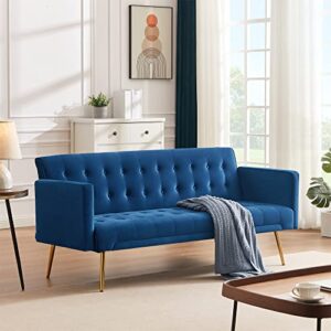 erye futon sofa loveseat convertible sleeper couch bed for small space apartment office living room furniture sets sofabed, navy blue velvet 70.07" w