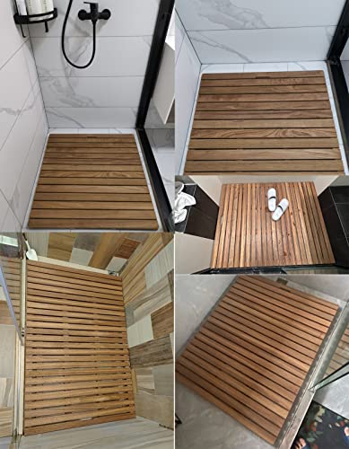 Heavy Duty Teak Wood Shower Mats Non Slip Waterproof, Raised Slated Platform Pads with Foot Pad, Inside Outside Bath Tubs Floor Mat, Portable Doormat (Size : 30x30cm(11.8x11.8in))