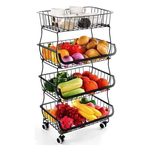 Fruit Vegetable Storage Basket for Kitchen - 4 Tier Stackable Metal Wire Baskets Cart with Rolling Wheels Utility Fruits Rack Produce Snack Organizer Bins