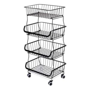 Fruit Vegetable Storage Basket for Kitchen - 4 Tier Stackable Metal Wire Baskets Cart with Rolling Wheels Utility Fruits Rack Produce Snack Organizer Bins