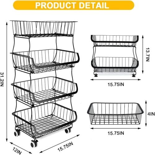 Fruit Vegetable Storage Basket for Kitchen - 4 Tier Stackable Metal Wire Baskets Cart with Rolling Wheels Utility Fruits Rack Produce Snack Organizer Bins