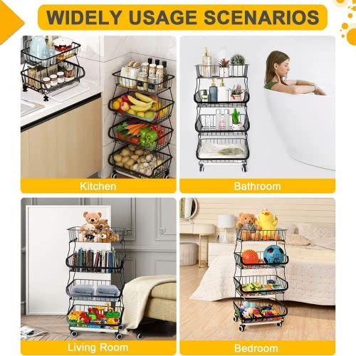 Fruit Vegetable Storage Basket for Kitchen - 4 Tier Stackable Metal Wire Baskets Cart with Rolling Wheels Utility Fruits Rack Produce Snack Organizer Bins