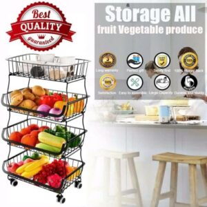 Fruit Vegetable Storage Basket for Kitchen - 4 Tier Stackable Metal Wire Baskets Cart with Rolling Wheels Utility Fruits Rack Produce Snack Organizer Bins