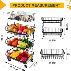 Fruit Vegetable Storage Basket for Kitchen - 4 Tier Stackable Metal Wire Baskets Cart with Rolling Wheels Utility Fruits Rack Produce Snack Organizer Bins