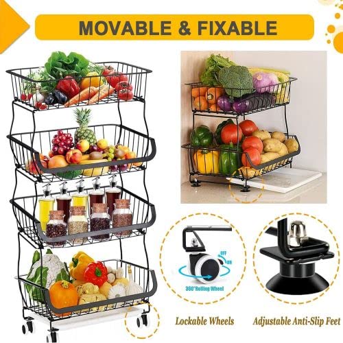 Fruit Vegetable Storage Basket for Kitchen - 4 Tier Stackable Metal Wire Baskets Cart with Rolling Wheels Utility Fruits Rack Produce Snack Organizer Bins