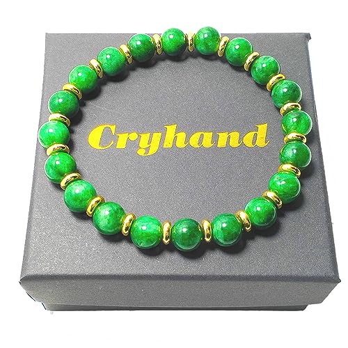 Cryhand Green Jade Lucky Gold Plated Bracelet for Men Women Attract Wealth Luck Chakra Feng Shui Stretchy Beaded Bracelets Healing Crystal Spiritual gifts for women and men Pulseras Para Hombres