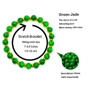 Cryhand Green Jade Lucky Gold Plated Bracelet for Men Women Attract Wealth Luck Chakra Feng Shui Stretchy Beaded Bracelets Healing Crystal Spiritual gifts for women and men Pulseras Para Hombres