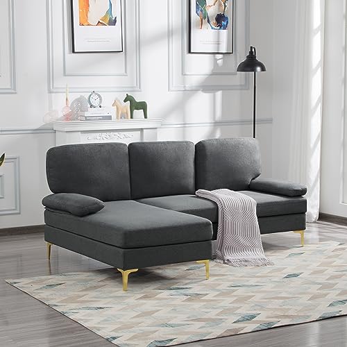 FULife Modern Convertible L-Shaped Corner Sofa for Living Room,Upholstered Accent Modular Sectionals Sofá Couch Bed for Home Office, Dark Gray with Chaise Lounge&Detachable Pillow-Top Armrest