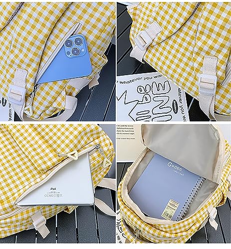 Qyrno Plaid Backpack Kawaii Backpack with Cute Accessories Cute Backpack Aesthetic Backpack DIY Backpack