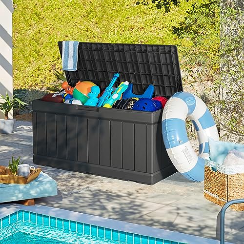 Homall 85 Gallon Large Resin Deck Box Waterproof Outdoor Storage with Padlock Indoor Outdoor Organization and Storage Container for Patio Furniture Cushions, Pool Toys, Garden Tools (Black)