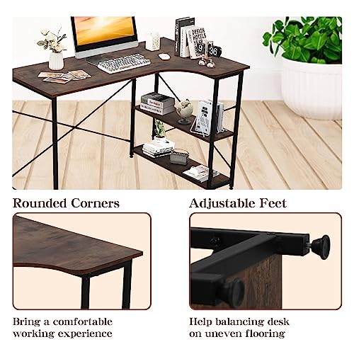 Computer Table, Computer Desk L Shaped with Extra Shelf, 47 Inch Corner Desk for Small Space with Adjustable Leg Pads, 30.5"H Office Table for Home Office Small Space, Modern Simple Style, Brown