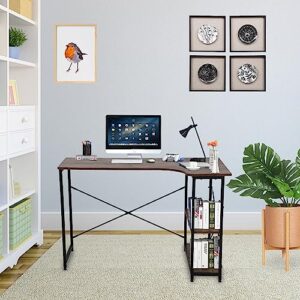 Computer Table, Computer Desk L Shaped with Extra Shelf, 47 Inch Corner Desk for Small Space with Adjustable Leg Pads, 30.5"H Office Table for Home Office Small Space, Modern Simple Style, Brown