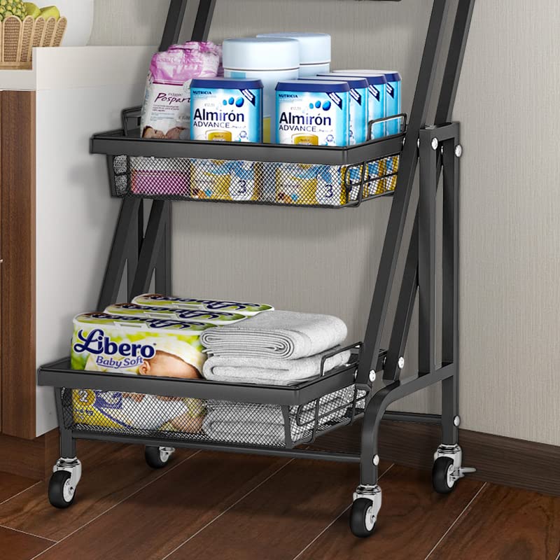 FIWOTTTDA 3-Tier Folding Rolling Cart Kitchen/Bedroom/Living Room/Bathroom