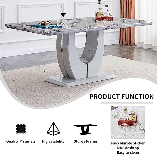 JUFU Faux Marble Dining Room Table Set for 8,Rectangula Kitchen Table Set with Faux Marble Tabletop＆6 Pu Leather Upholstered Chairs Ideal for Dining Room, Kitchen (White, 71'')