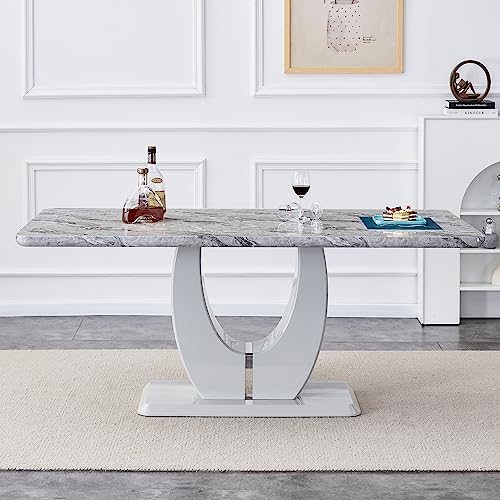 JUFU Faux Marble Dining Room Table Set for 8,Rectangula Kitchen Table Set with Faux Marble Tabletop＆6 Pu Leather Upholstered Chairs Ideal for Dining Room, Kitchen (White, 71'')