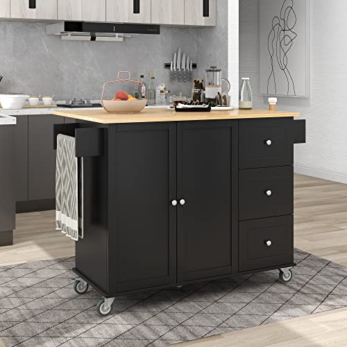 OPTOUGH Rolling Mobile Kitchen Island with Locking Wheels,Storage Cabinet and Drop Leaf Breakfast Bar, Kitchen Cart for Home w/Spice Rack,Towel Rack & Drawer,Black