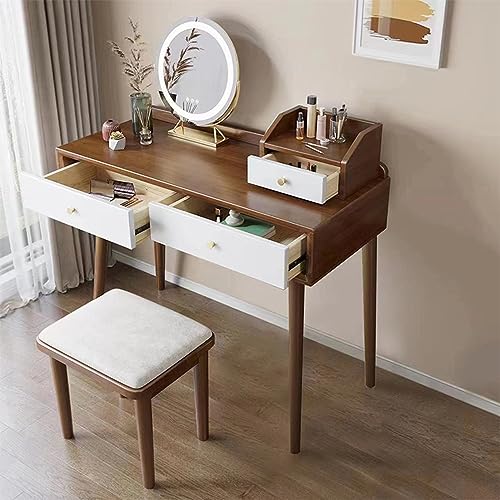 HAWEWE Vanity Desk with Mirror and Light 3 Lighting Modes Adjustable Modern Dressing Table Set with Stool for Girls Women Bedroom Furniture (Color : Walnut+White)