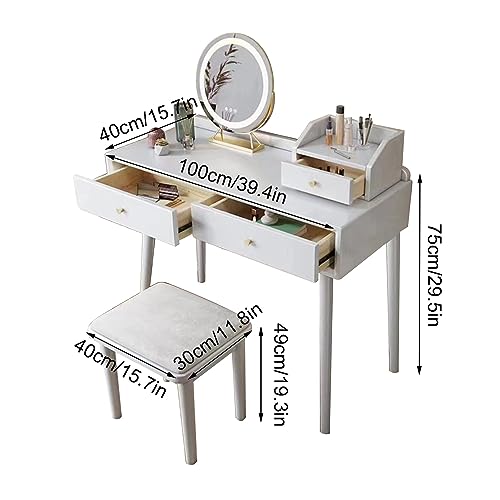 HAWEWE Vanity Desk with Mirror and Light 3 Lighting Modes Adjustable Modern Dressing Table Set with Stool for Girls Women Bedroom Furniture (Color : Walnut+White)