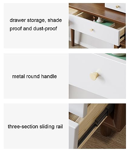 HAWEWE Vanity Desk with Mirror and Light 3 Lighting Modes Adjustable Modern Dressing Table Set with Stool for Girls Women Bedroom Furniture (Color : Walnut+White)