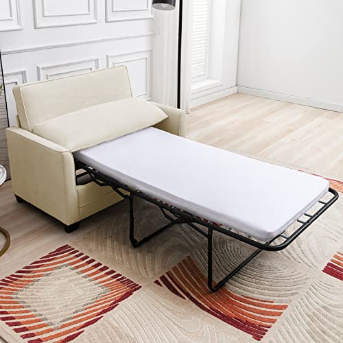 FRETSAE Velvet Upholstered Sofa Bed Couch for Living Room | Single Foldable Couch Bed with Mattress | Folding Sofa Bed with Modern Stylish | Small Sofa Bed for Small Places (Beige, Single)