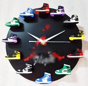 jamche sports style wall clock with 3d basketball shoes, fashion sneaker clock home decoration 12 inch home decor unique art handmade clock for boys and girls who love sneaker style