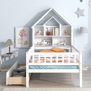 optough twin size house-shaped storage headboard bed,wooden bedframe with full length fence guardrails and drawers for kids teens,no spring box needed,white