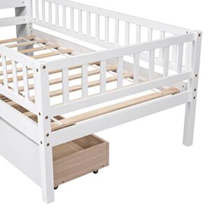 OPTOUGH Twin Size House-Shaped Storage Headboard Bed,Wooden Bedframe with Full Length Fence Guardrails and Drawers for Kids Teens,No Spring Box Needed,White
