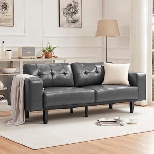 ayeasy faux leather sofa, 79" w mid century modern couch, oversized loveseat large classic living room sofa, deep seated leather sofa with solid wood legs for bedroom office apartment, grey