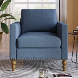taigr classic linen armchair accent chair with bronze nailhead trim wooden legs single sofa couch for living room, bedroom, balcony, navy blue