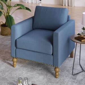 TAIGR Classic Linen Armchair Accent Chair with Bronze Nailhead Trim Wooden Legs Single Sofa Couch for Living Room, Bedroom, Balcony, Navy Blue