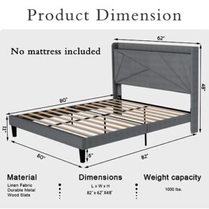LEMBERI Queen Size Bed Frame with Storage Headboard,Upholstered Platform Bed Frame with Charging Station,Heavy Duty Mattress Foundation with Wooden Slats,No Box Spring Needed, Noise-Free