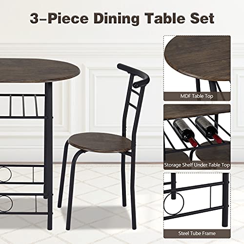 Kinfant 3 Piece Dining Table Set - Kitchen Breakfast Dining Table, Small Table and 2 Chairs w/Metal Frame and Storage Shelf for Home Kitchen Dining Room, Small Space, Brown