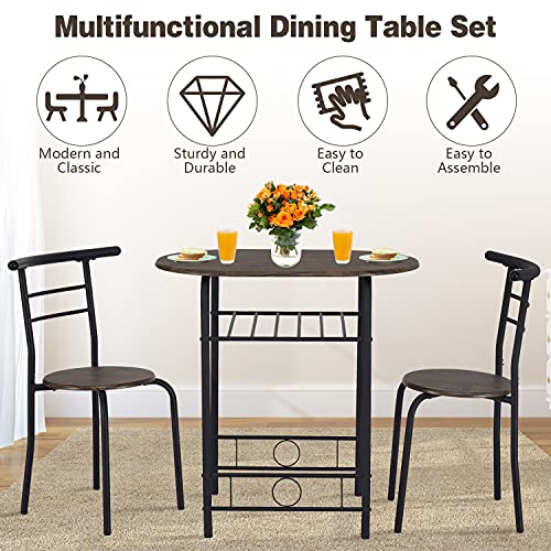 Kinfant 3 Piece Dining Table Set - Kitchen Breakfast Dining Table, Small Table and 2 Chairs w/Metal Frame and Storage Shelf for Home Kitchen Dining Room, Small Space, Brown