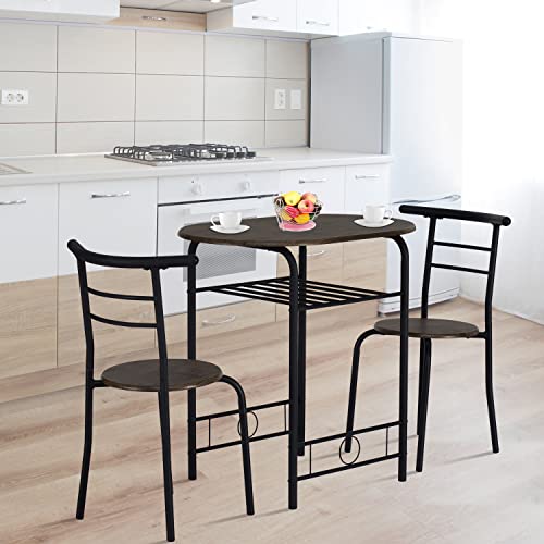 Kinfant 3 Piece Dining Table Set - Kitchen Breakfast Dining Table, Small Table and 2 Chairs w/Metal Frame and Storage Shelf for Home Kitchen Dining Room, Small Space, Brown