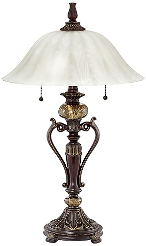 MACIUM Collection Glass Shade Table Lamp in Bronze, Bronze Finish, Alabaster Champagne Glass, with Twin Light Pulls for Easy Lighting Control