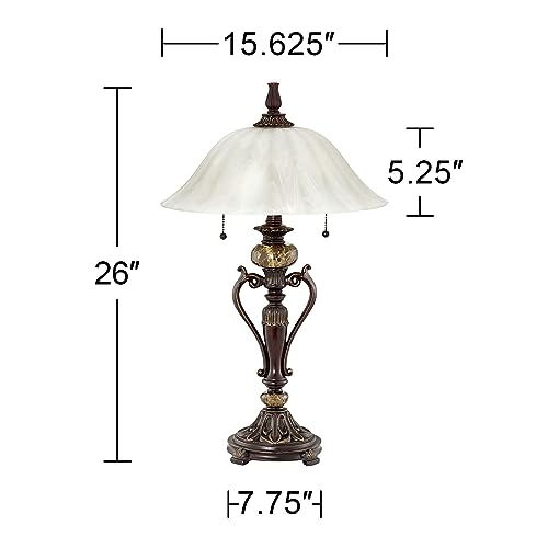 MACIUM Collection Glass Shade Table Lamp in Bronze, Bronze Finish, Alabaster Champagne Glass, with Twin Light Pulls for Easy Lighting Control