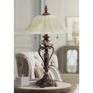 MACIUM Collection Glass Shade Table Lamp in Bronze, Bronze Finish, Alabaster Champagne Glass, with Twin Light Pulls for Easy Lighting Control