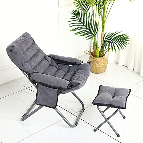 Living Room Lazy Chair with Ottoman & Armrest, Modern Comfy Folding Lounge Chair Reclining Sofa Leisure Chair Armchair with Footstool for Bedroom/Office/Hosting, Grey