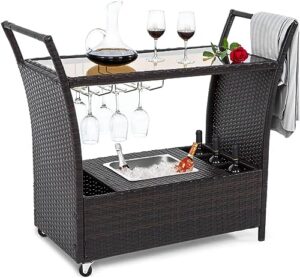 seogwisam outdoor rolling wicker bar cart,rattan serving cart with removable ice bucket,glass countertop,goblet wine glass holders and storage compartments, wicker bar cart for pool, party, backyard