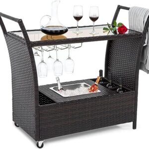 Seogwisam Outdoor Rolling Wicker Bar Cart,Rattan Serving Cart with Removable Ice Bucket,Glass Countertop,Goblet Wine Glass Holders and Storage Compartments, Wicker Bar Cart for Pool, Party, Backyard