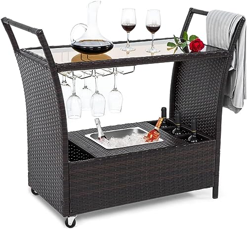 Seogwisam Outdoor Rolling Wicker Bar Cart,Rattan Serving Cart with Removable Ice Bucket,Glass Countertop,Goblet Wine Glass Holders and Storage Compartments, Wicker Bar Cart for Pool, Party, Backyard